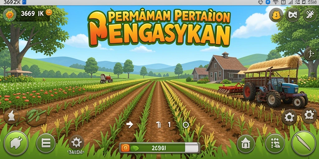 Tampilan gameplay 369ZK dengan lahan pertanian yang subur dan beraneka tanaman.