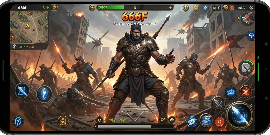 Screenshot gameplay 666F menampilkan pertempuran strategis yang intens.