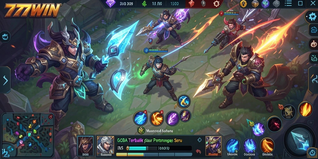 Screenshot permainan <strong>777WIN</strong> dengan pertarungan seru antara dua tim.