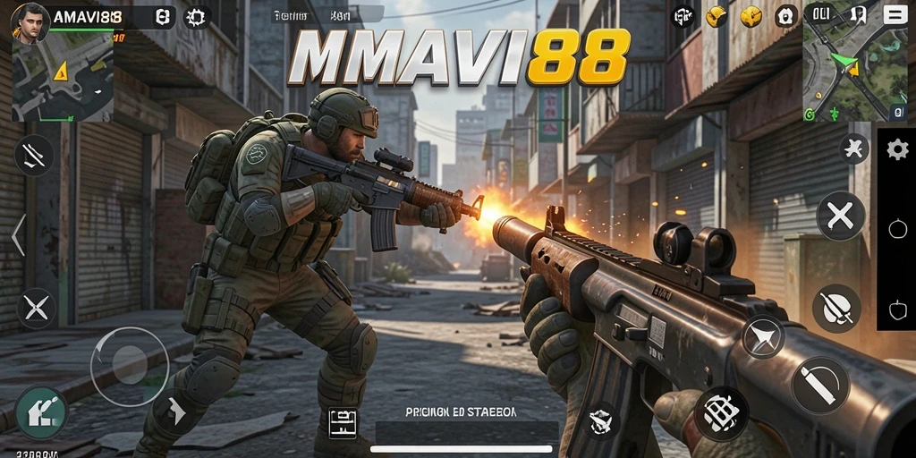 Tangkapan layar gameplay AMAVI88 yang menampilkan aksi menembak intens.
