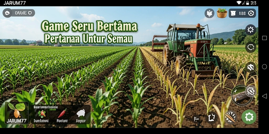 Screenshot gameplay JARUM77 memperlihatkan ladang subur dan aktivitas bertani.