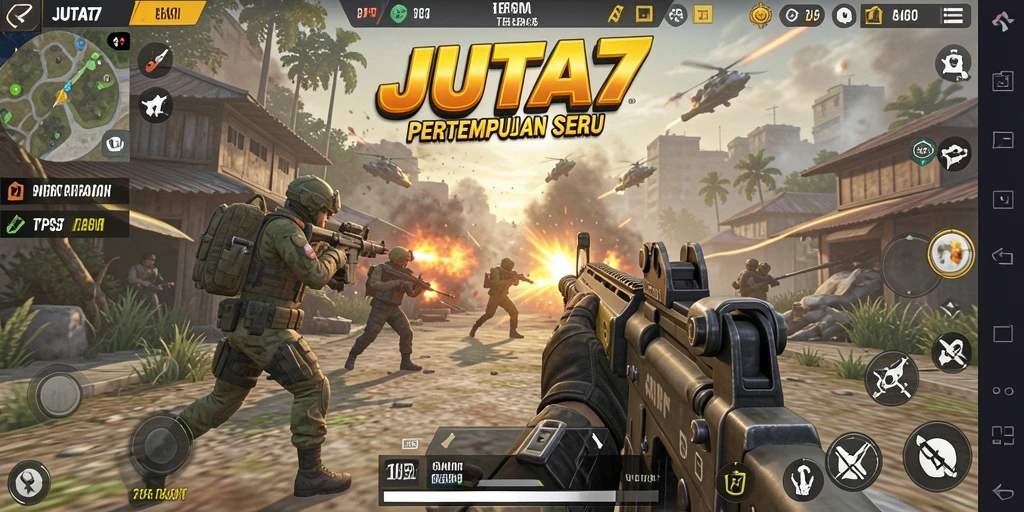 Screenshot gameplay JUTA7 menampilkan aksi pertempuran mendebarkan dalam arena TPS.