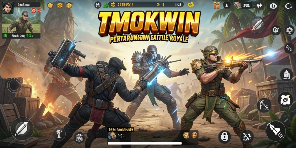 Screenshot gameplay TMOKWIN menampilkan pertarungan seru dalam arena Battle Royale.